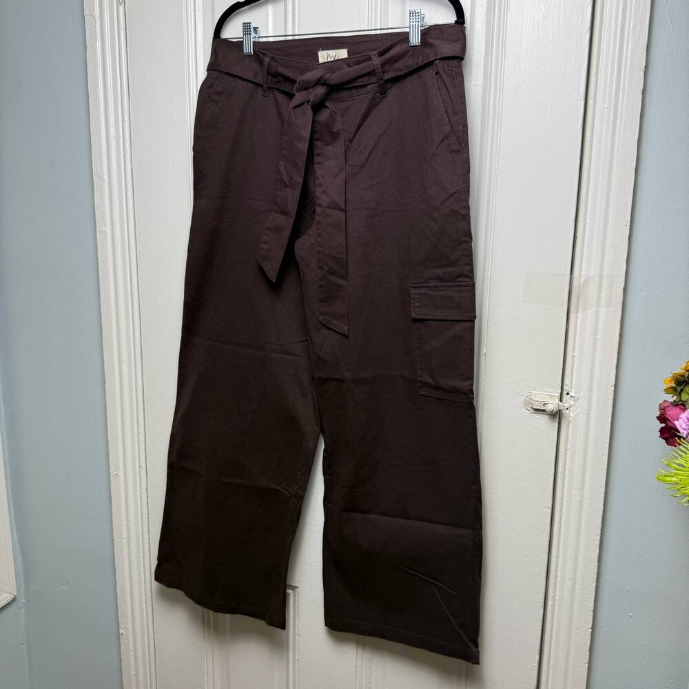 Me by Jennie Garth Womens Wide Leg Cargo Pants Size 10P Chocolate Brown Tie Belt